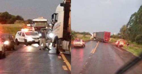 Caminhões foram usados para fechar a pista (Foto: Rádio São Luiz)