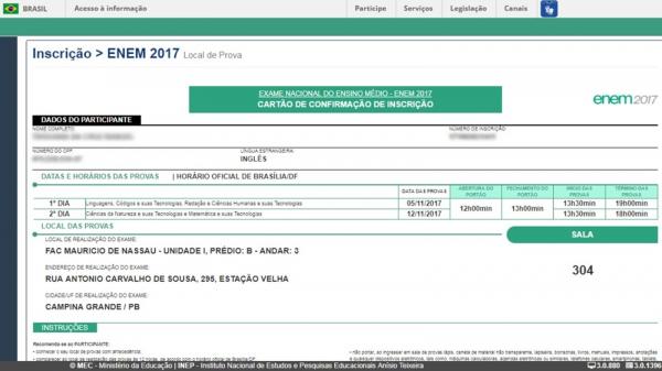 Cartão de Confirmação da Inscrição do Enem 2017. (Foto: Reprodução/Inep)