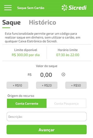 Para efetuar o saque, é necessário o código gerado no aplicativo do Sicredi