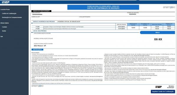 Cartão de confirmação do Enem 2018. (Foto: Reprodução)