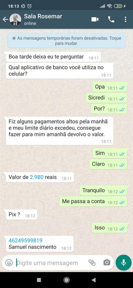 Golpistas estão enviando mensagens para o contato do prefeito Sala (Foto: Reprodução/Facebook)