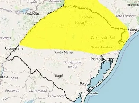 Com grau de severidade amarelo, o menor da escala de risco, o comunicado é válido até às 9 horas da terça-feira (25/3) (Imagem: Divulgação | INMET)