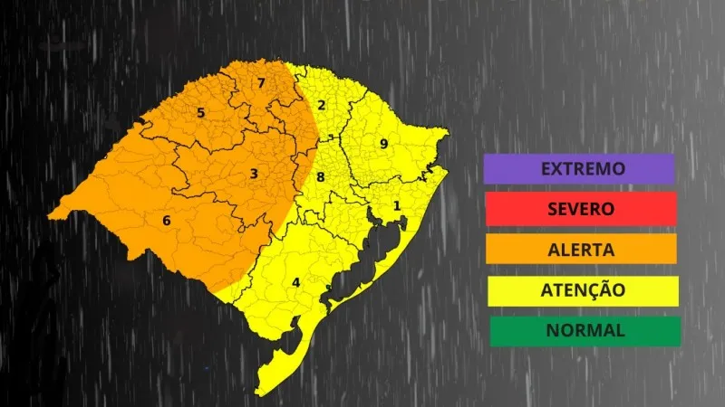 Acumulados de chuvas poderão variar entre 60 e 130mm na Campanha, Oeste, Missões, Noroeste, parte do Norte e Centro (Imagem: Divulgação | Defesa Civil RS)