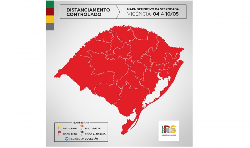 Mapa definitivo da 52ª rodada do modelo de distanciamento controlado deixou todo o Estado em bandeira vermelha (Arte: Divulgação/SECOM-RS)