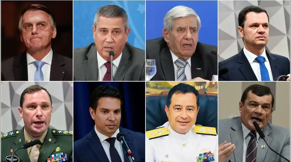 Jair Bolsonaro, Braga Netto, Augusto Heleno, Anderson Torres, Mauro Cid, Alexandre Ramagem, Almir Garnier Santos e Paulo Sérgio Nogueira (Foto: G1)