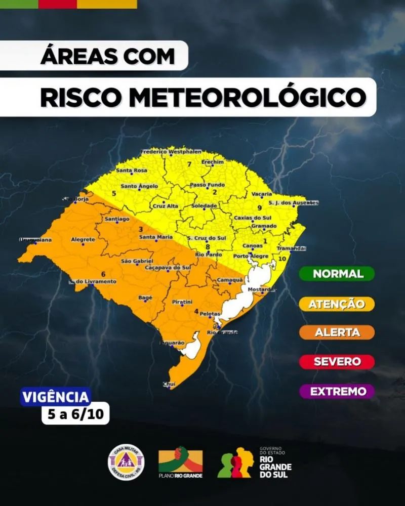 Temporais iniciam pelas áreas da Campanha, Sul e Oeste, indo em direção ao Centro, Noroeste e Missões (Imagem: Divulgação | Defesa Civil)