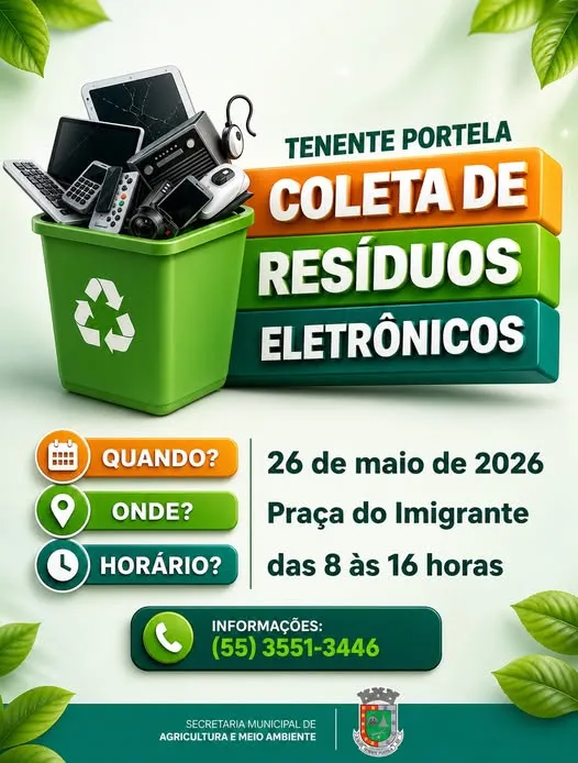 Recolhimento de resíduos eletrônicos acontecerá na terça-feira (26/5), das 8h às 16h, na Praça do Imigrante (Foto: Divulgação | ASCOM Tenente Portela)