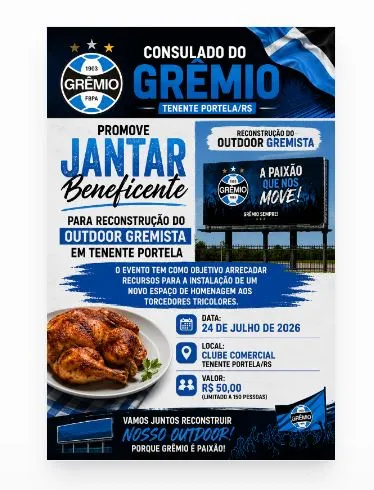 Consulado do Grêmio promove jantar beneficente para reconstrução do Outdoor Gremista em Tenente Portela