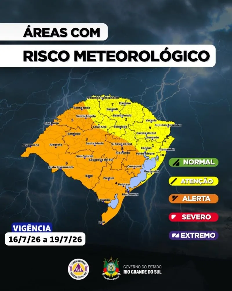 Período mais crítico é entre sábado (18/7) e domingo (19/7), quando são esperadas tempestades com rajadas de vento acima de 90 km/h (Foto: Divulgação | Defesa Civil RS)