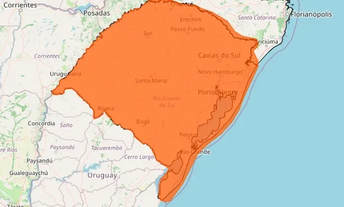 Instituto Nacional de Meteorologia emitiu um alerta laranja de vendaval para todo o Rio Grande do Sul (Imagem: Divulgação | INMET)