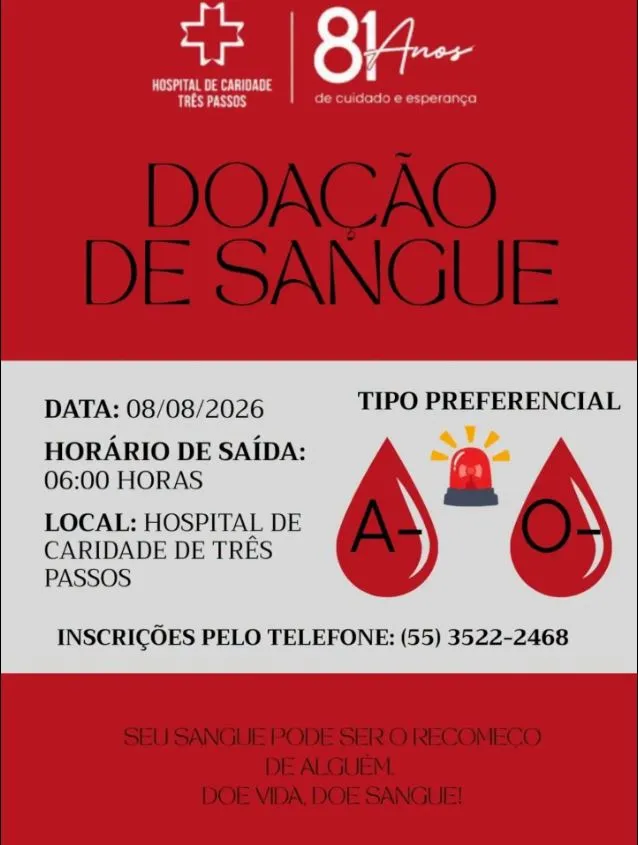Hospital de Três Passos realiza campanha de doação de sangue neste sábado
