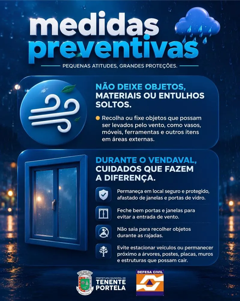 Defesa Civil de Tenente Portela divulga dicas de segurança para a população durante temporais