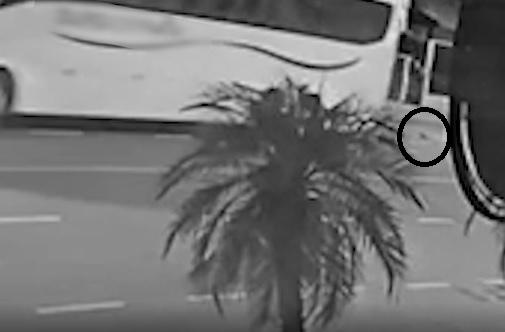 Detalhe na imagem destaca a sacola plástica com a bebê caída no asfalto na madrugada da quarta-feira (30/6) (Foto: Reprodução)