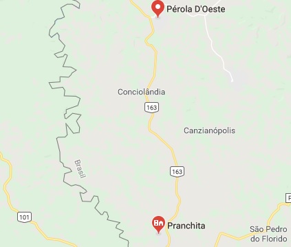 Coletivo foi atingido por disparos no trecho da BR 163 entre Pranchita e Pérola do Oeste (Foto: Reprodução/Google Maps)