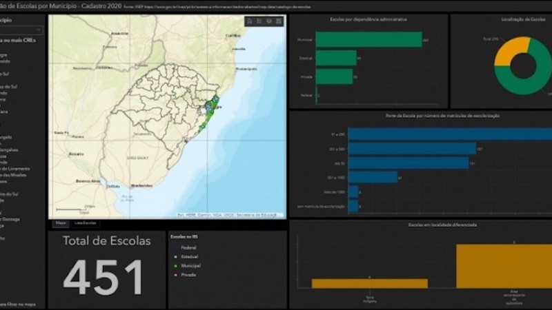 Dashboard que apresenta a distribuição espacial do conjunto de escolas de educação básica no território gaúcho - Foto: Reprodução
