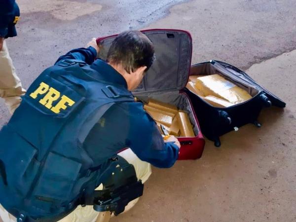 Os diversos tabletes de maconha estavam acondicionados em uma mochila e duas malas (Foto: Divulgação/PRF)
