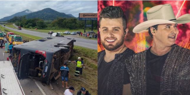 Ônibus de dupla sertaneja Conrado e Aleksandro sofre acidente na rodovia Régis Bittencourt, no interior de SP (Foto: Reprodução/Redes Sociais)