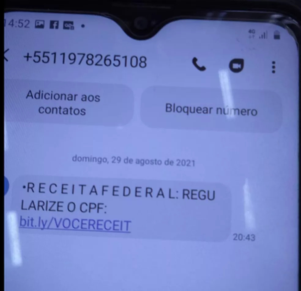 Exemplo de mensagem que usa o nome da Receita para aplicar golpes. (Foto: Divulgação/Receita Federal)
