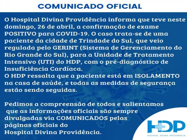 Nota oficial emitida pelo Hospital Divina Providência. (Foto: Divulgação)