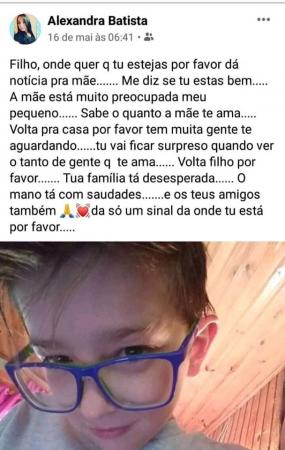 Postagem numa rede social foi feita em 16 de maio, um dia após o desaparecimento de Rafael Mateus Winques (Foto: Reprodução)