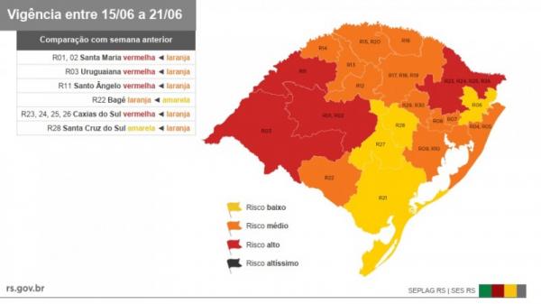 Regiões de Caxias do Sul, Santo Ângelo, Santa Maria e Uruguaiana, passaram de bandeira laranja para bandeira vermelha (Arte: Divulgação/SECOM-RS)