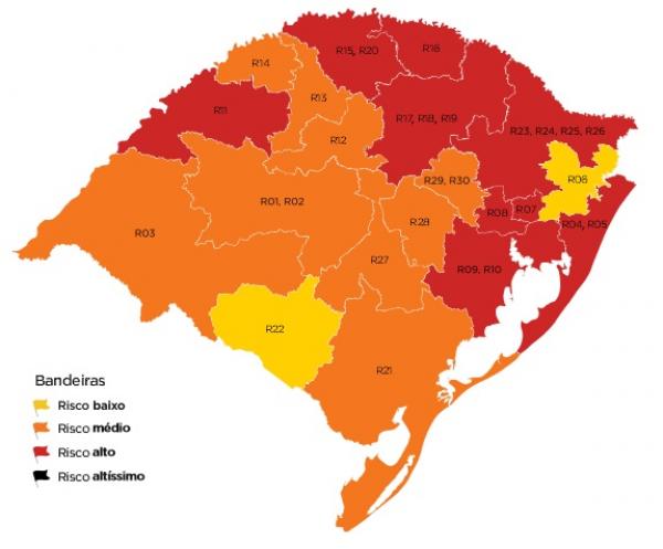 O mapa do Rio Grande do Sul de acordo com as bandeiras indicadas hoje pelo governo. Os municípios da nossa região ficam na região 15/20