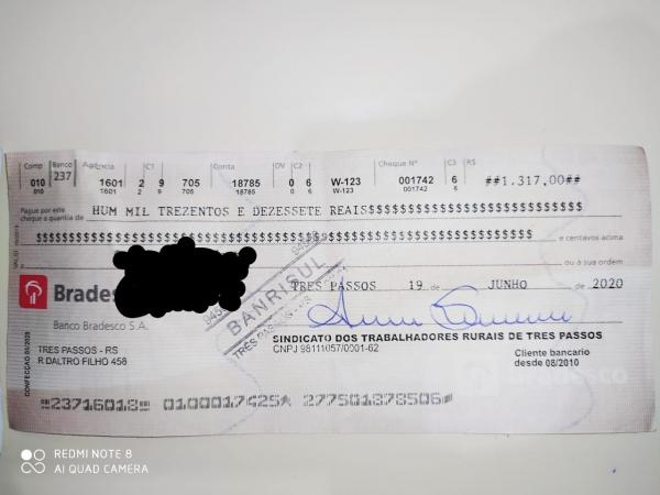 STR de Três Passos faz um alerta sobre pessoas que estariam distribuindo folhas de cheque em nome da entidade (Foto: Divulgação/STR Três Passos)