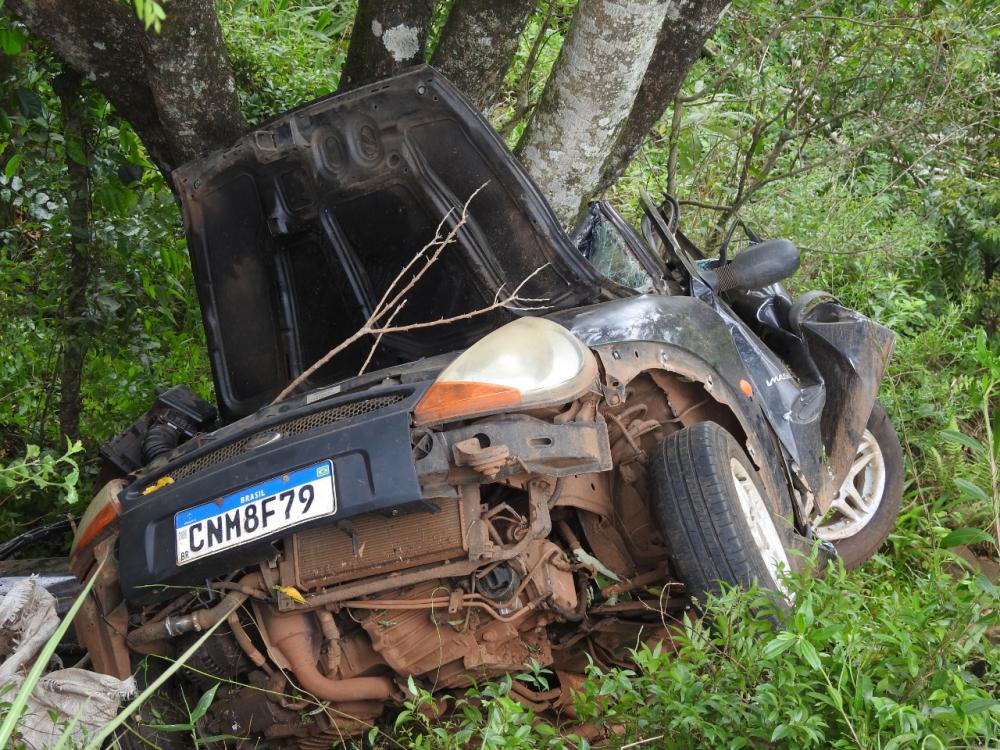 Automóvel foi arremessado contra árvores ao lado do asfalto e ficou totalmente destruído (Foto: Diones Roberto Becker)