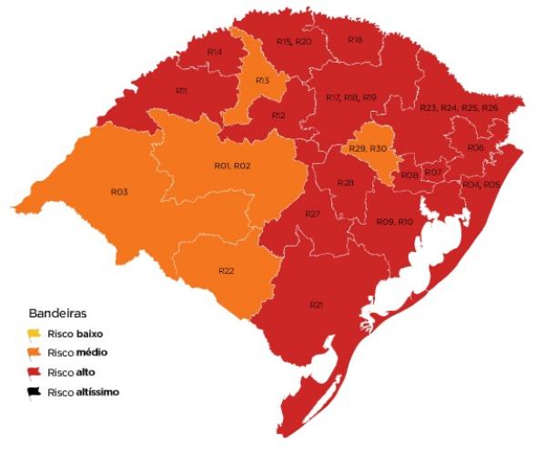 Mapa do distanciamento controlado mostra que a maioria do Estado passaria para a bandeira vermelha (Arte: Divulgação/SECOM-RS)