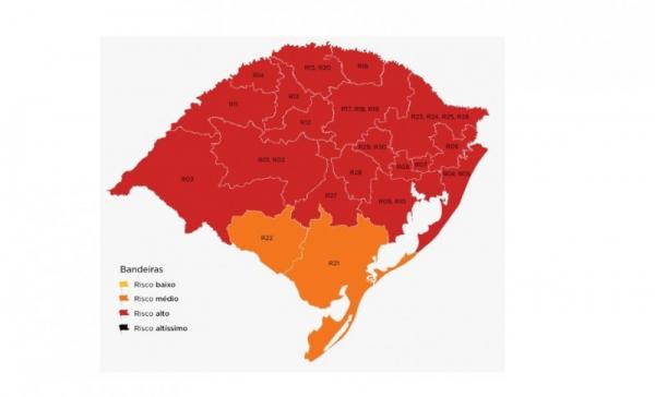 Nesta rodada, o Estado atingiu o maior número de bandeiras vermelhas desde o início do distanciamento controlado, em 10 de maio (Arte: Divulgação/SECOM-RS)