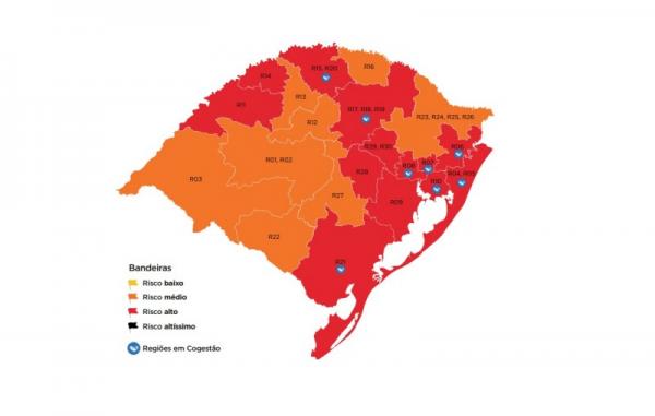 Mapa preliminar da 16ª rodada do modelo de distanciamento controlado foi publicado na tarde da sexta-feira (21/08) (Arte: Divulgação/SECOM-RS)