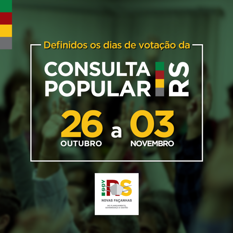 Votação da Consulta Popular 2020 acontecerá entre os dias 26 de outubro e 03 de novembro, de forma virtual ou SMS (Arte: Divulgação/SECOM-RS)