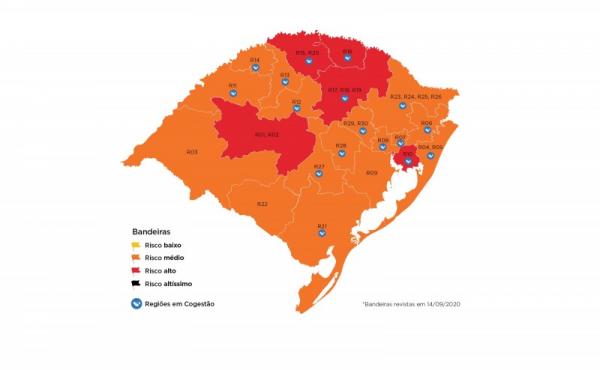 Mapa definitivo da 19ª rodada do modelo de distanciamento controlado entra em vigor à 0h da terça-feira (15/09) (Arte: Divulgação/SECOM-RS)