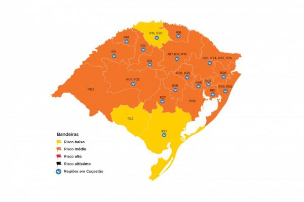 Mapa prévio da 23ª rodada do modelo de distanciamento controlado foi divulgado na tarde da sexta-feira (09/10) (Arte: Divulgação/SECOM-RS)