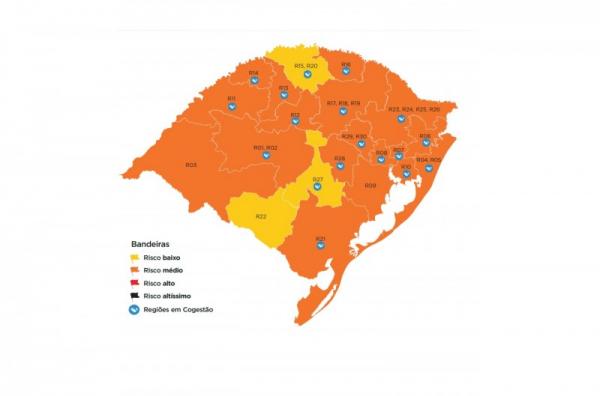 Mapa preliminar da 24ª rodada do modelo de distanciamento controlado possui três regiões em bandeira amarela (Arte: Divulgação/SECOM-RS)