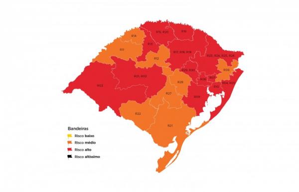 Mapa preliminar da 29ª rodada do modelo de distanciamento controlado, elaborado pelo Governo do Estado (Arte: Divulgação/SECOM-RS)