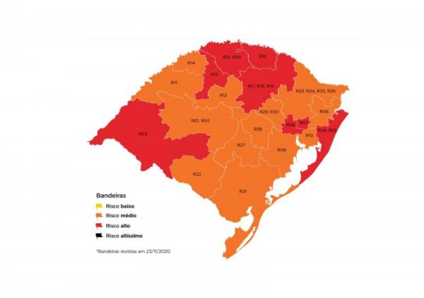 Mapa definitivo da 29ª rodada do modelo de distanciamento controlado foi publicado na tarde da segunda-feira (23/11) (Arte: Divulgação/SECOM-RS)