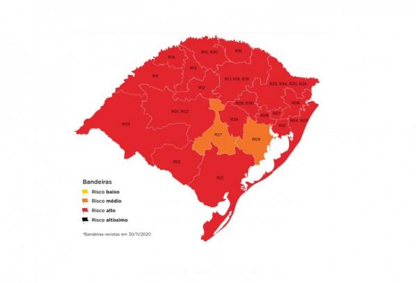 Mapa definitivo da 30ª rodada do modelo de distanciamento controlado foi publicado na segunda-feira (30/11) (Arte: Divulgação/SECOM-RS)