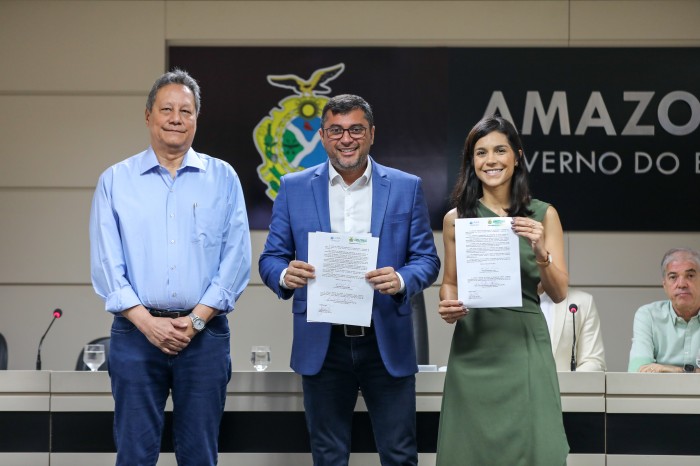 Da dir. para a esq.: Ana Carolina Argolo, Wilson Lima e Luis André Muniz - Foto: Alex Pazuello/SECOM AM