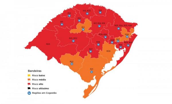 Mapa preliminar da 34ª rodada do distanciamento controlado trouxe 15 regiões em bandeira vermelha e seis em bandeira laranja (Arte: Divulgação/SECOM-RS)