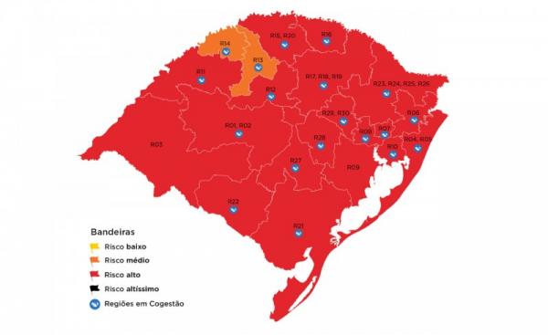 Mapa preliminar da 36ª rodada do modelo de distanciamento controlado trouxe 19 das 21 regiões Covid em bandeira vermelha (Arte: Divulgação/SECOM-RS)