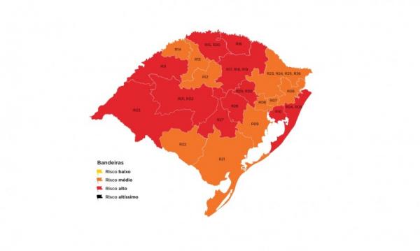Mapa preliminar da 39ª rodada do distanciamento controlado trouxe 11 regiões em bandeira vermelha e dez em bandeira amarela (Arte: Divulgação/SECOM-RS)