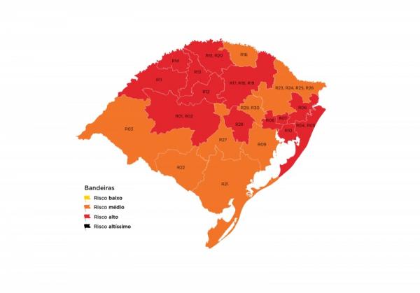 Mapa preliminar colocou 13 regiões Covid em alto risco epidemiológico e oito em médio risco epidemiológico (Arte: Divulgação/SECOM-RS)