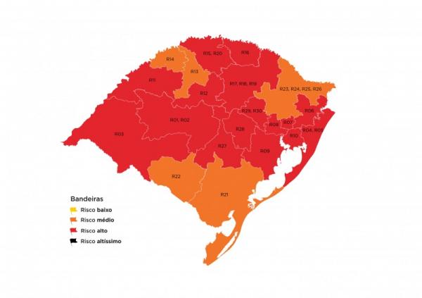 Mapa preliminar da 41ª rodada do distanciamento controlado trouxe 16 regiões em bandeira vermelha e cinco em bandeira laranja (Arte: Divulgação/SECOM-RS)