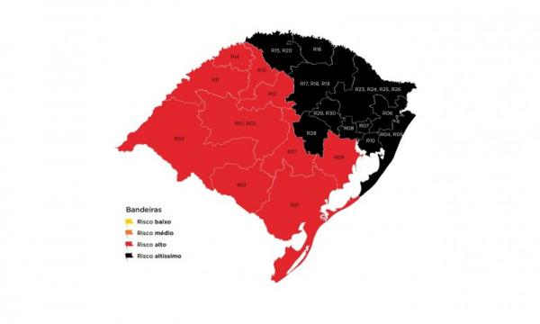 É o maior número de regiões no pior nível do sistema de enfrentamento à pandemia no Estado até o momento (Arte: Divulgação/SECOM-RS)