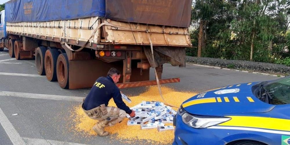 Maços de cigarros oriundos do Paraguai estavam escondidos em meio ao carregamento de milho a granel (Foto: Divulgação/PRF)